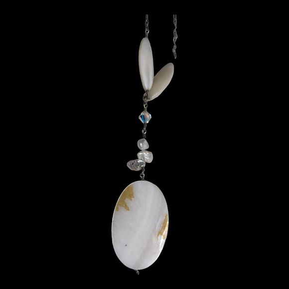 Vintage Aurora Borealis Crystal Pearl  and White Agate Drop Necklace Y-Necklace - Picture 8 of 12